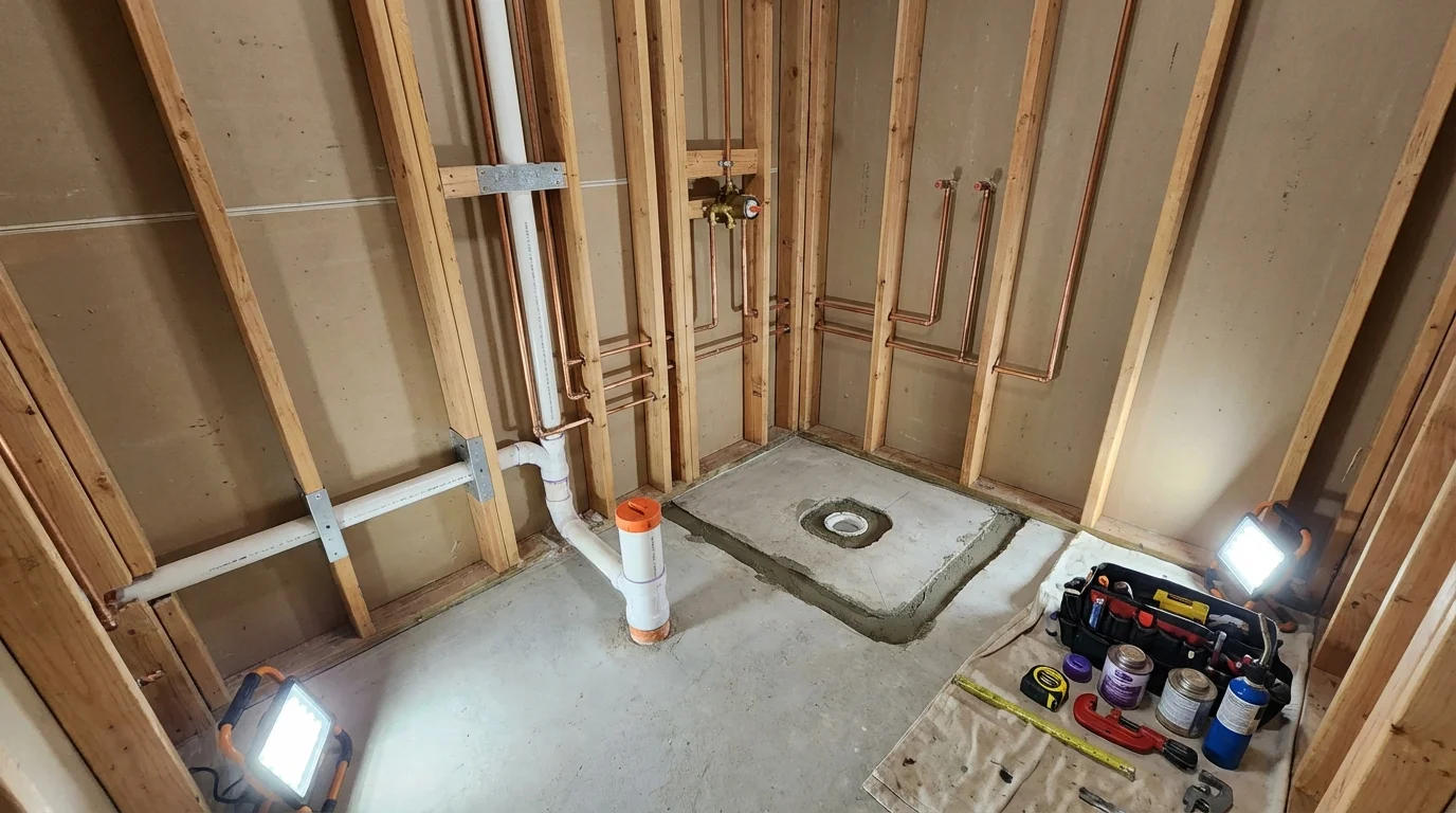 Bathroom rough-in plumbing during remodel by Johns Plumbing LLC in Velva