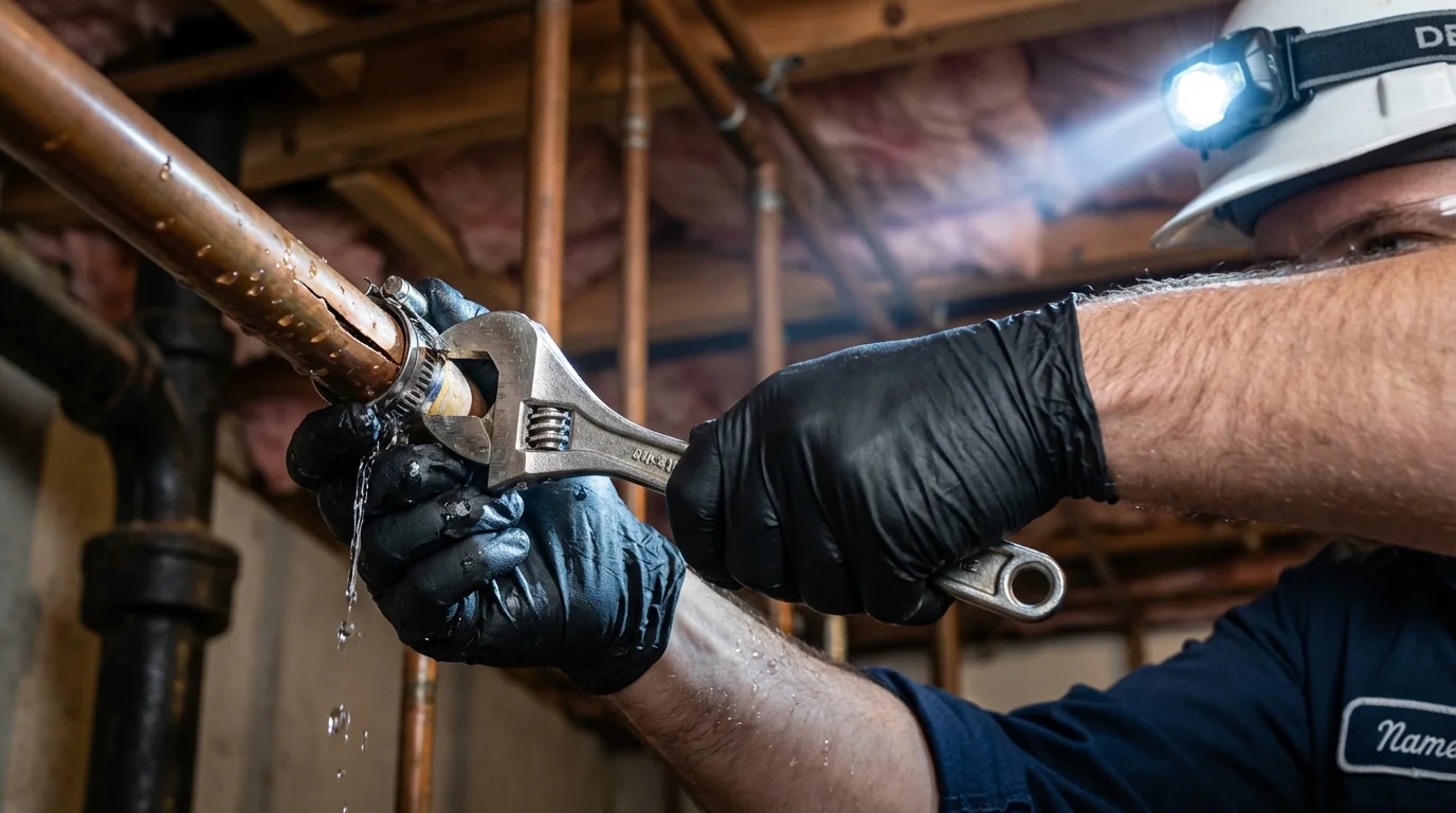 Emergency pipe clamp repair being performed by a Johns Plumbing LLC plumber in Velva