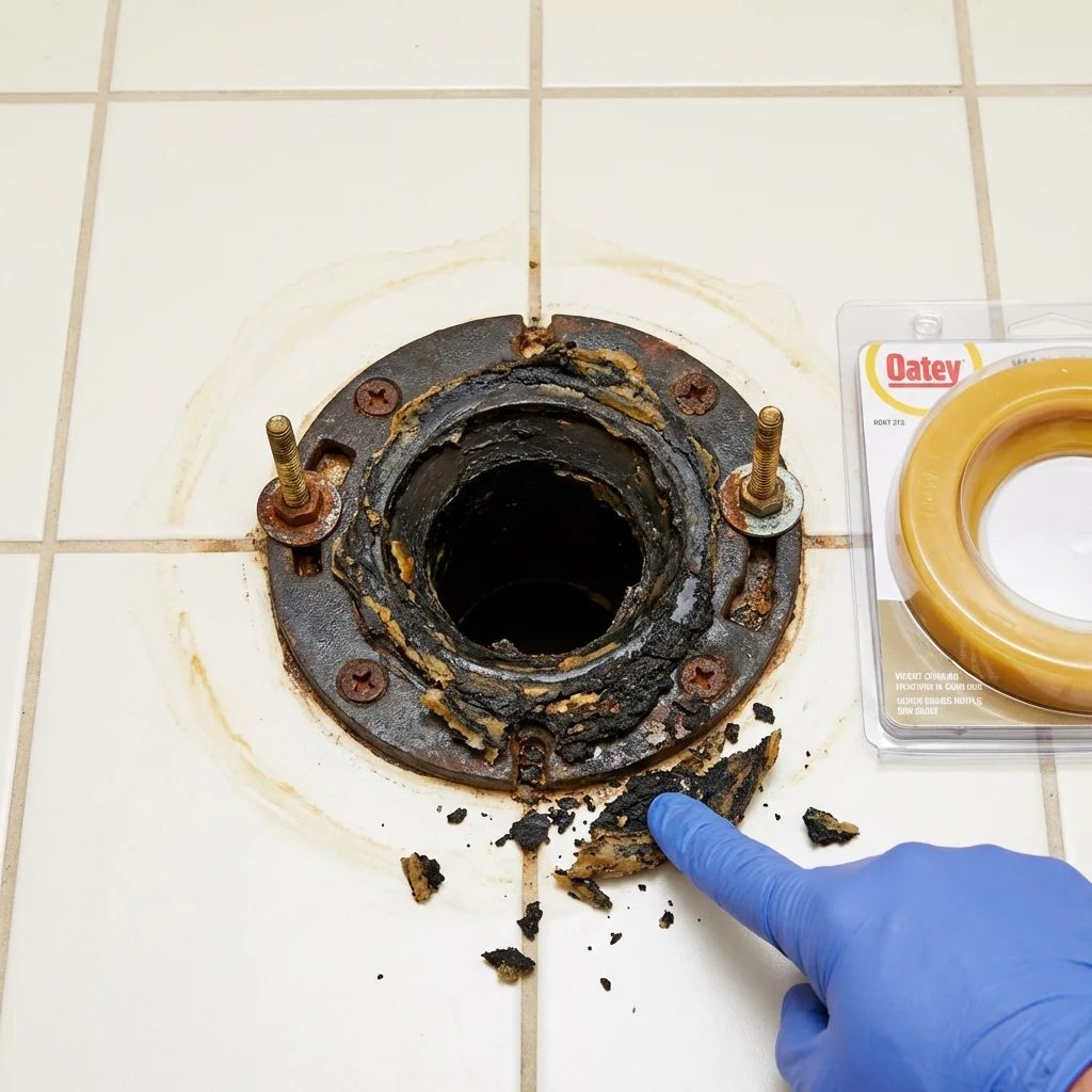 Failed wax ring showing water seepage at the base of a toilet in a Velva, ND home