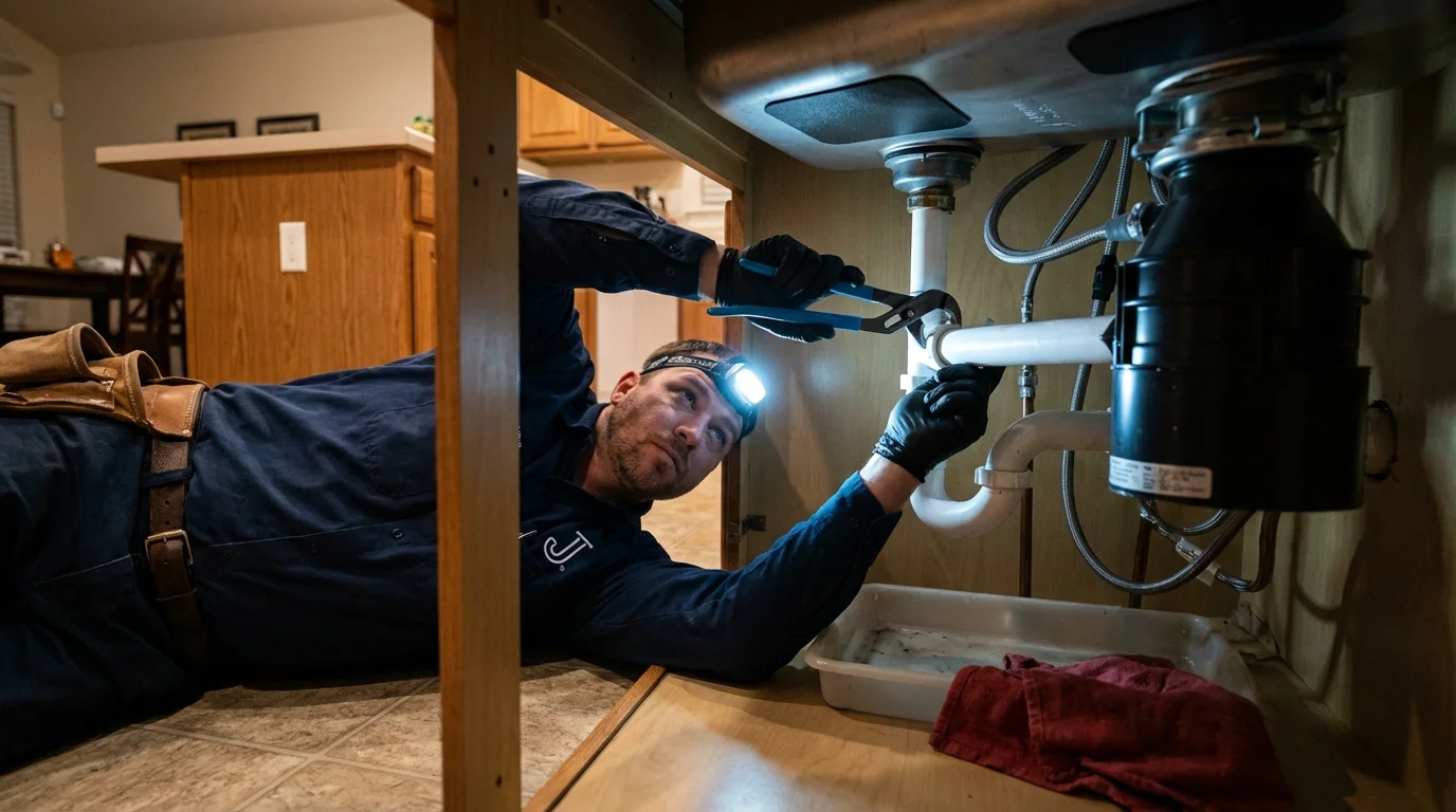 P-trap and supply line connections under a kitchen sink showing a common leak point in Velva, ND